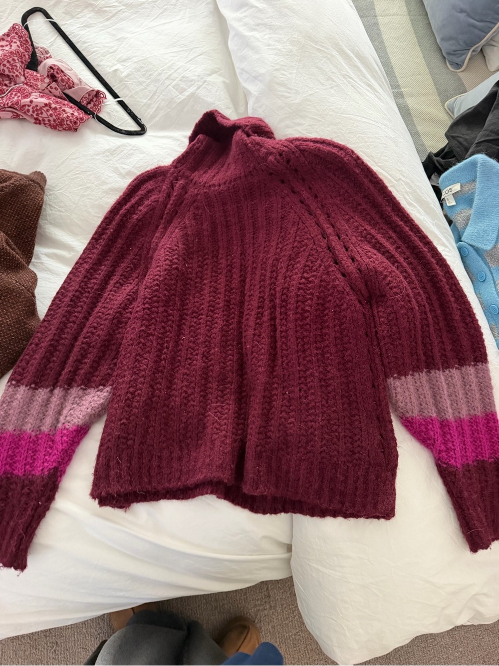 Coach Burgundy Ribbed Turtleneck Sweater with Pink Stripe Sleeves
